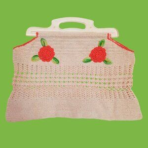 Vintage 70s Crochet Tote Bag Clear plastic Handle Beige Orange Flowers